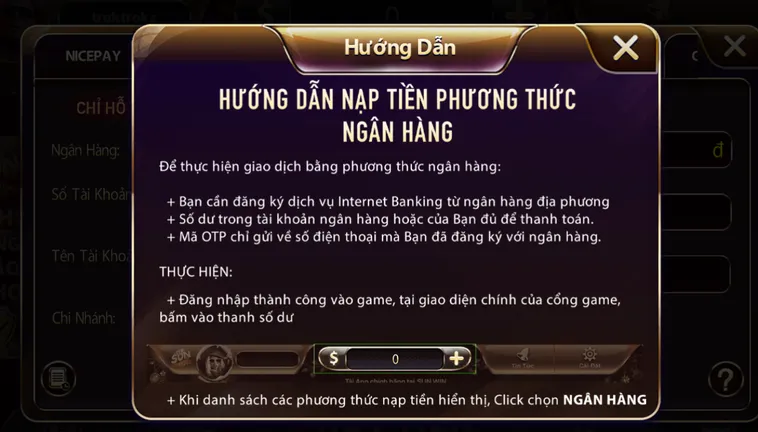 Quy trình chuẩn nạp tiền Sunwin bằng tài khoản ngân hàng - hỗ trợ mọi ngân hàng  - tiền vào tài khoản chỉ trong 5 phút.